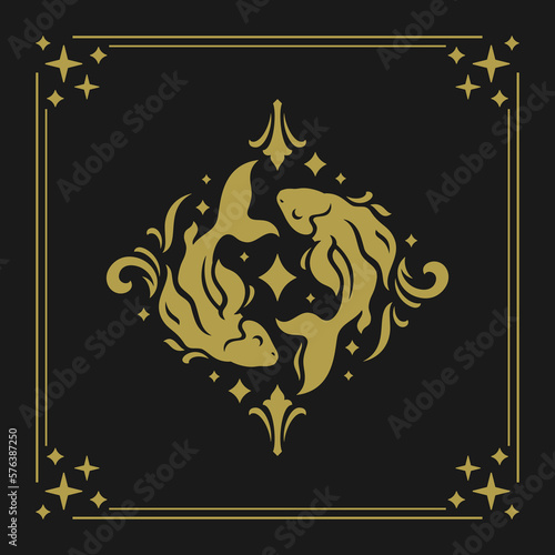 Pisces zodiac horoscope lunar symbol celestial star golden vintage ornate design vector illustration