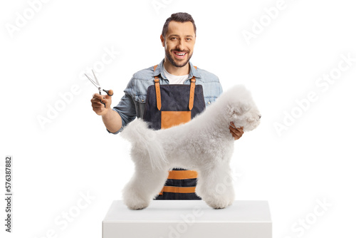 Male pet groomer holding scissors and grooming a bichon frise dog photo