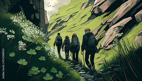 A group of friends hiking in a mountainous area with lots of clovers generative AI photo