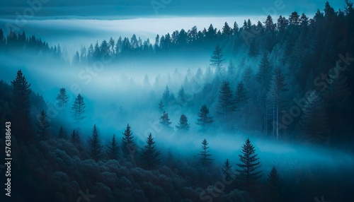  View of a Foggy Forest Landscape from Above During the Blue Hour