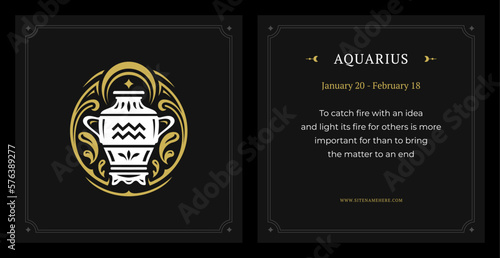 Aquarius zodiac horoscope astrological calendar description vintage card design template set vector