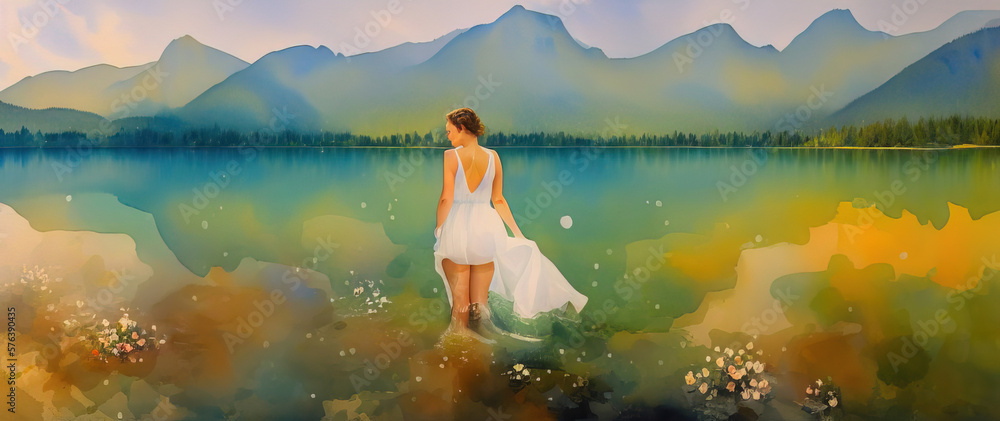 Babe Beautiful Naked Girl Bathes In The Lake Watercolor Drawing