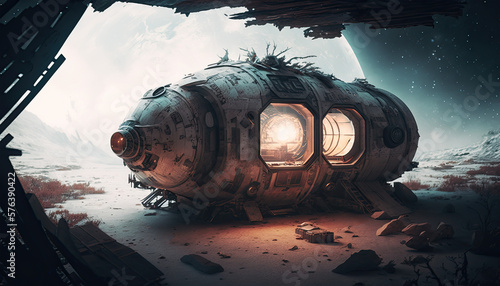 Fototapeta Naklejka Na Ścianę i Meble -  An abandoned and derelict space station, with flickering lights and rusted metal, creating a sense of eerie desolation, abandoned, derelict, space station, flickering lights, rusted metal, eerie, 