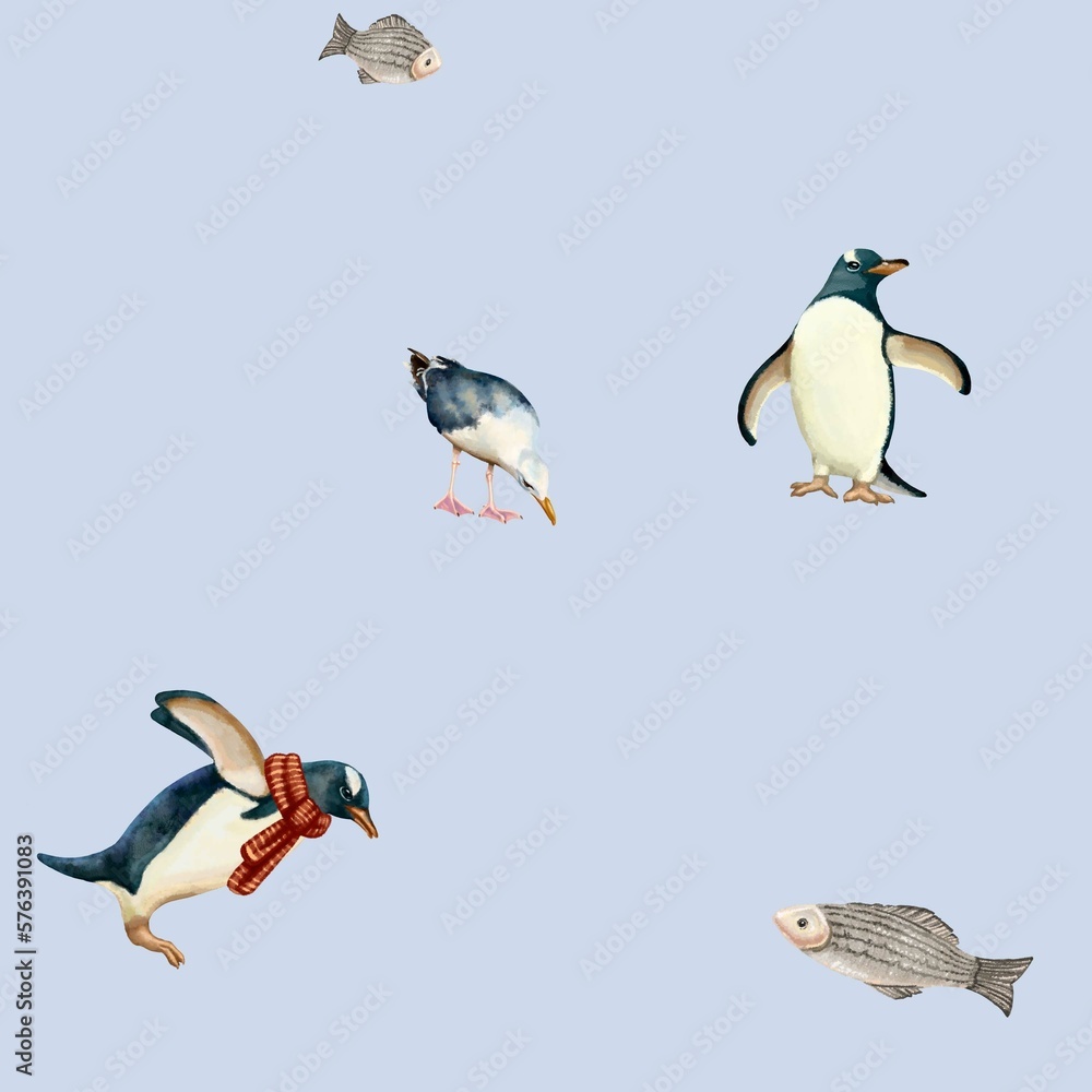 Fototapeta premium Seamless pattern with penguins, seagull and fish. High quality illustration