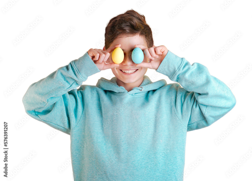 happy cute boy holding colorful easter eggs in front of her eyes. Banner for celebrating the joy of spring and the holiday season, Easter themed projects and designs. Copy space for text, PNG isolated
