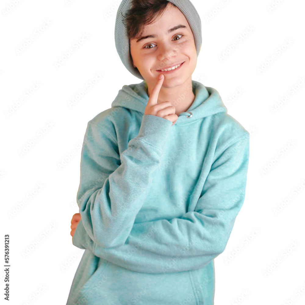 Portrait of nice cheerful smiling 10-year-old boy in turquoise sweatshirt, png without background . back to school concept mit copy space for text. clever schoolboy exudes joy. back-to-school banner