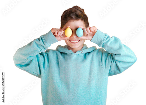 Obraz na płótnie happy cute boy holding colorful easter eggs in front of her eyes. Banner for celebrating the joy of spring and the holiday season, Easter themed projects and designs. Copy space for text, PNG isolated w salonie