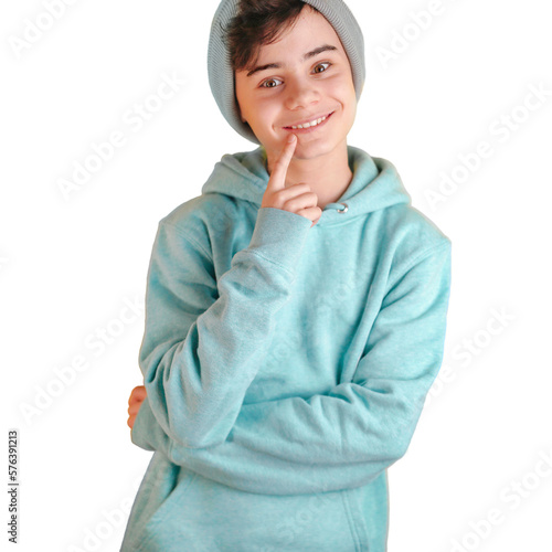 Obraz na płótnie Portrait of nice cheerful smiling 10-year-old boy in turquoise sweatshirt, png without background . back to school concept mit copy space for text. clever schoolboy exudes joy. back-to-school banner w salonie