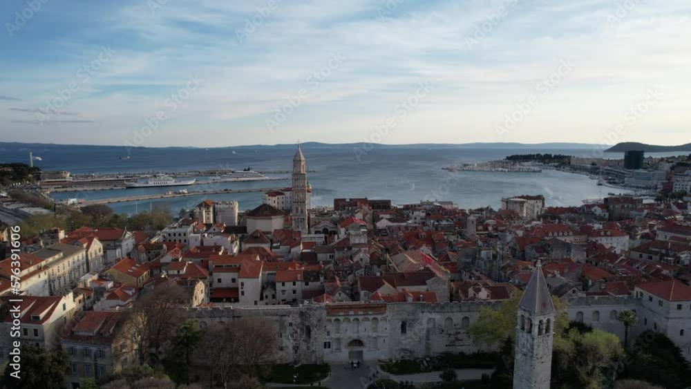 Aerial view of old town Split in Croatia by drone showcasing the fortress, the Diocletian's palace, Saint Domnius cathedral and the bell tower Aerial view of old town Split in Croatia by drone showcasing the fortress, the Diocletian's palace, Saint Domnius cathedral and the bell tower