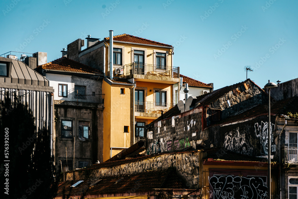 View of traditional yellow houses in Porto, Portugal