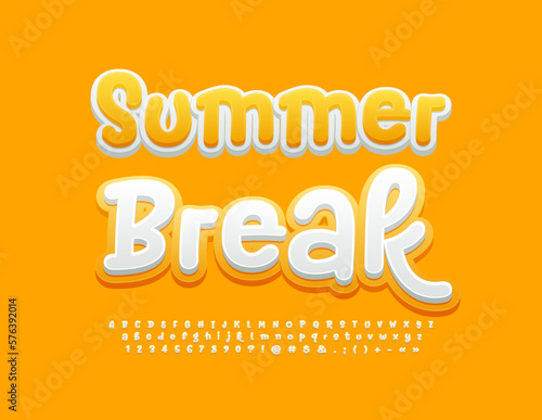 Vector seasonal banner Summer Break with handwritten Font. White and Sunny Yellow Alphabet Letters, umbers and Symbols set