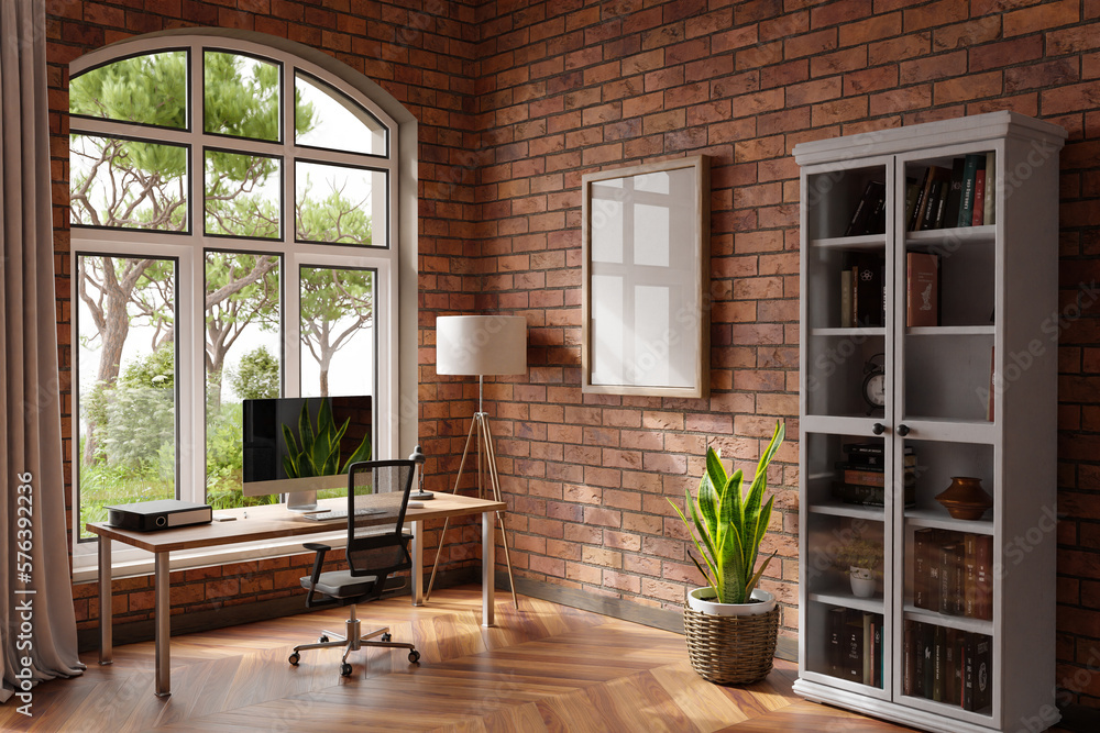 comfortable workplace with pc standing on wooden desk in office at home; bright sunlight shines through large window; wall; with canvas copy space; remote work freelance concept; 3D Illustration comfortable workplace with pc standing on wooden desk in office at home; bright sunlight shines through large window; wall; with canvas copy space; remote work freelance concept; 3D Illustration