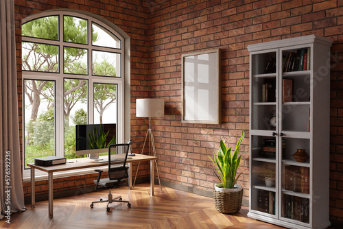 comfortable workplace with pc standing on wooden desk in office at home  bright sunlight shines through large window  wall  with canvas copy space   remote work freelance concept  3D Illustration