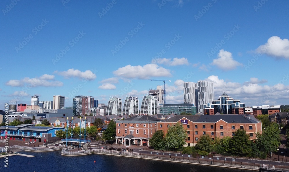 Aerial view of modern buildings and landmarks. Taken in Salford Quays England. 