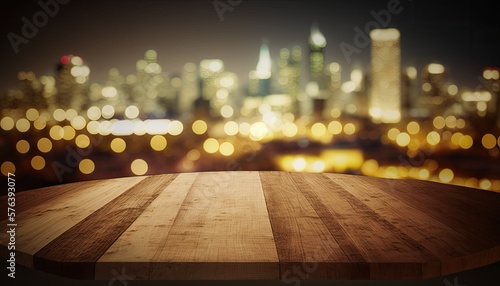 Wallpaper Mural Empty wooden table top above city light blurry background made with Generative AI Torontodigital.ca