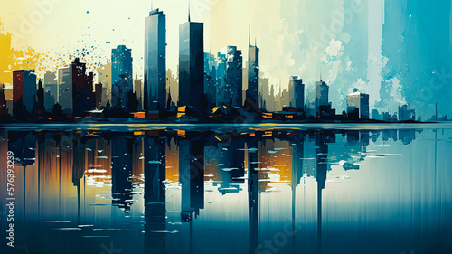 Skyline city abstract urban background. Modern reflections on water illustration. Futuristic skyline town artwork, digital drawing for interior design, fashion textile fabric, wallpaper