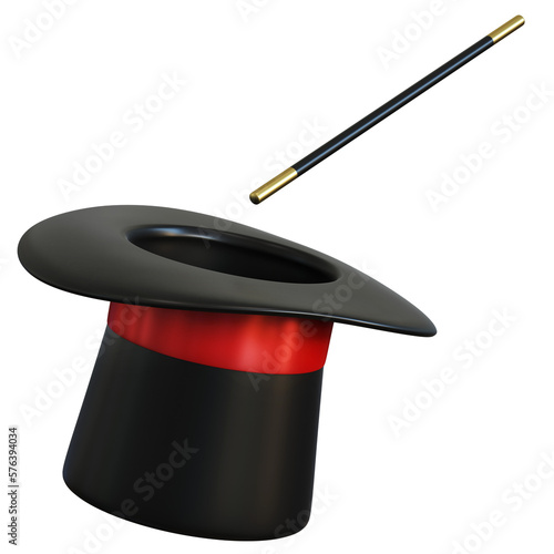 Magic hatand magic wand 3d rendering