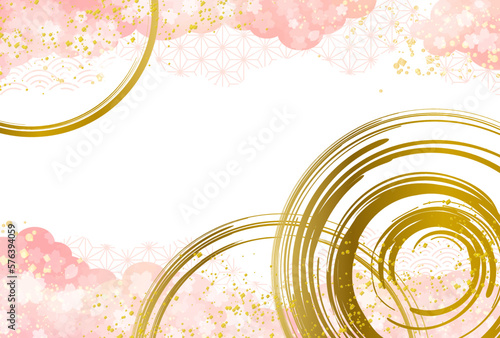 春　桜　ピンク　和柄　雲　水彩風　背景