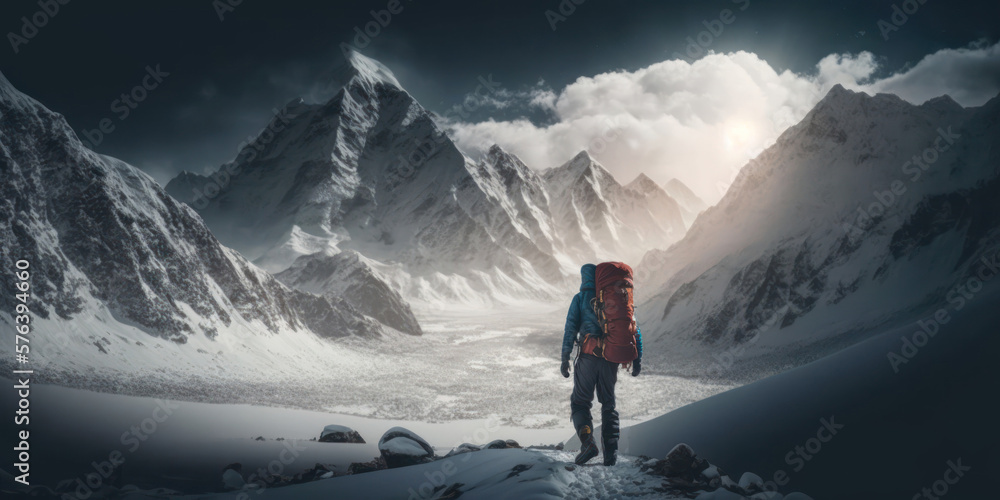 Hiker on the top of snowy mountain, mountaineer with backpack looking at mount peak, Generative AI Hiker on the top of snowy mountain, mountaineer with backpack looking at mount peak, Generative AI