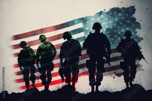 Illustration of a silhouette of an American soldiers and American flag, AI generated
