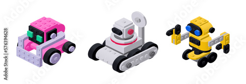 Set of cute little cartoon robots in isometry. Vector clipart