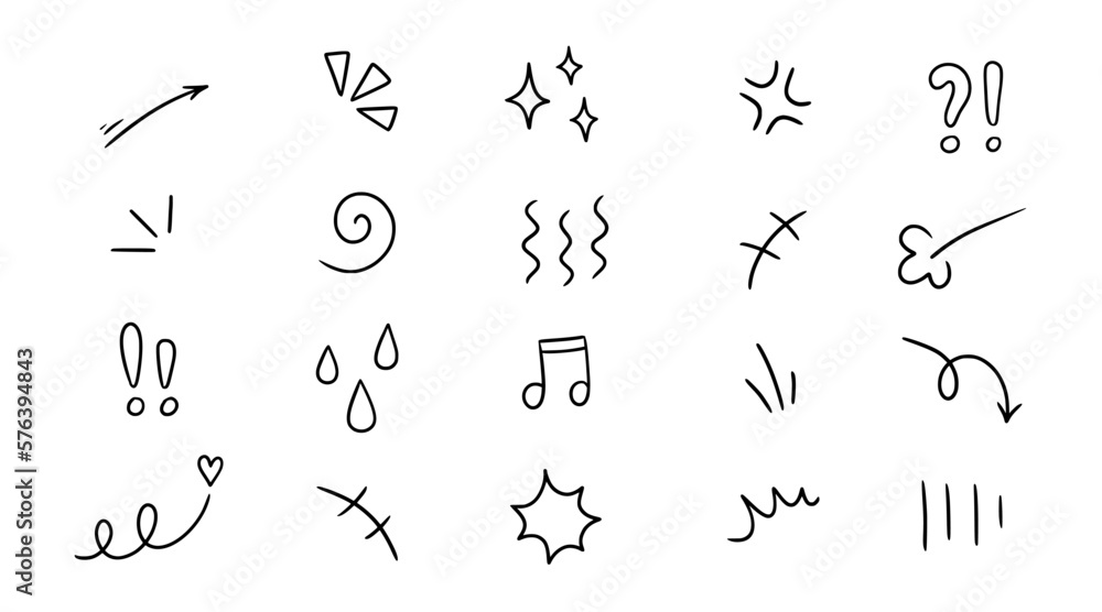 Line movement element, emotion effect decoration icon. Hand drawn doodle line element arrow, emphasis, wind, sparkle. Anime emotion, express shape. Vector illustration. Line movement element, emotion effect decoration icon. Hand drawn doodle line element arrow, emphasis, wind, sparkle. Anime emotion, express shape. Vector illustration.