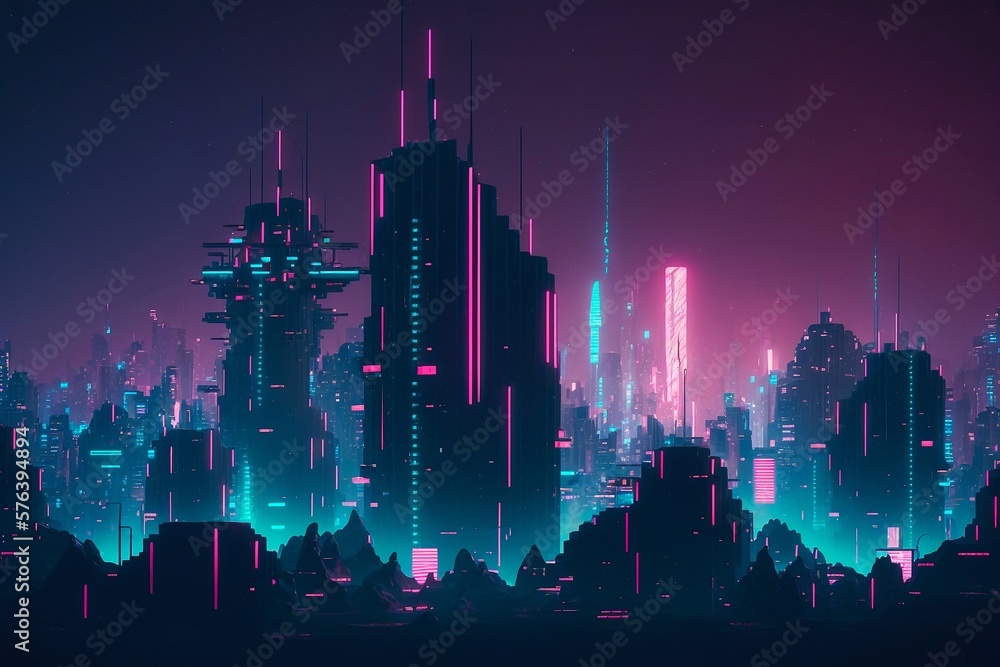 Modern metropolis night landscape in fluorescent, neon colors with illuminated futuristic architecture skyscrapers buildings. Generative AI