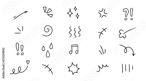 Line movement element, emotion effect decoration icon. Hand drawn doodle line element arrow, emphasis, wind, sparkle. Anime emotion, express shape. Vector illustration.