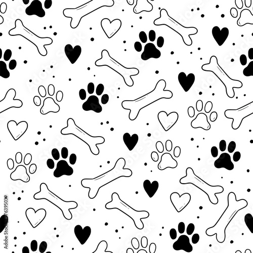 Pet footprint seamless pattern. Pet animal dog, cat footprint background with heart, bone element. Puppy, kitten texture doodle drawn wallpaper. Vector illustration