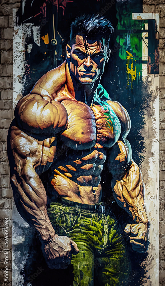 Graffiti on the wall. Digital illustration of a bodybuilder. Created with Generative AI Graffiti on the wall. Digital illustration of a bodybuilder. Created with Generative AI