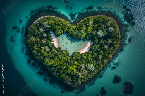 Aerial view over one of island look like heart in sea with green tree forest. Generative AI © Andrii 