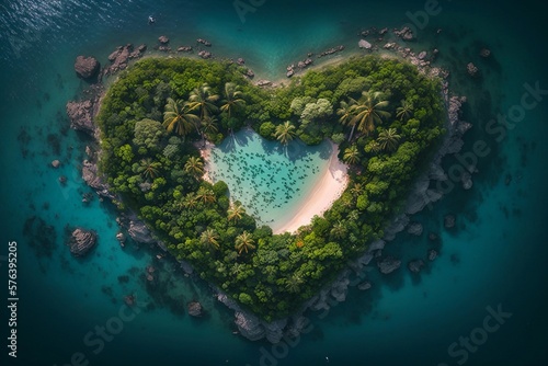 Aerial view over one of island look like heart in sea with green tree forest. Generative AI