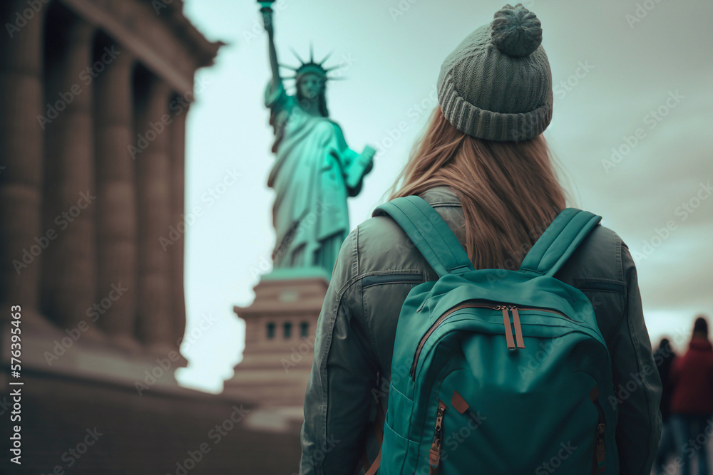 Woman Standing Against Statue Of Liberty. Generative AI