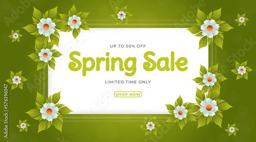 Spring sale banner background template design with colorful flowers for social media cards, vouchers, posters, flyers, invitations, and brochures. photo