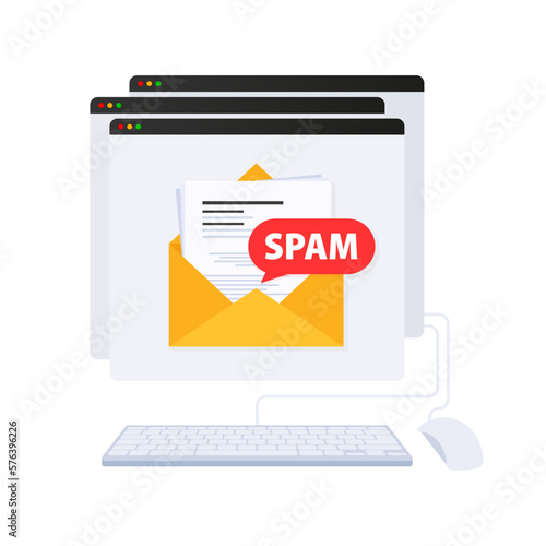 Email spamming attack. Email box hacking, spam warning.