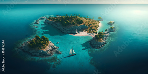 Aerial view.illustration of  tropical island and blue smooth sea,ocean and sailboat for Summer holiday or vacation concepts.long banner size design.generative ai technology © Limitless Visions