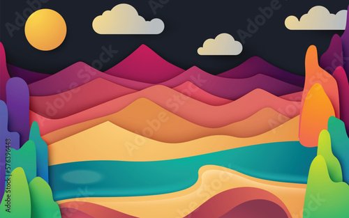 Papercut background abstract landscape of mountains, hills, and valleys