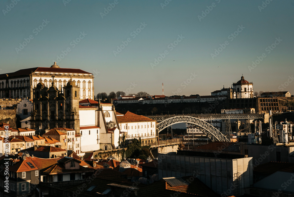 View of the Sé, Luis VI bridge and Gaia monastery from the lookout. Porto, Portugal
