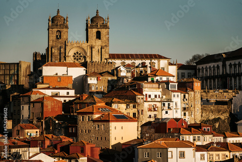 Beautiful view of the Porto Cathedral in the golden light of the sunset. Porto, Portugal