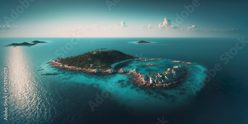 Aerial view.illustration of tropical island and blue smooth sea,ocean for Summer holiday or vacation concepts.long banner size key visual design.generative ai