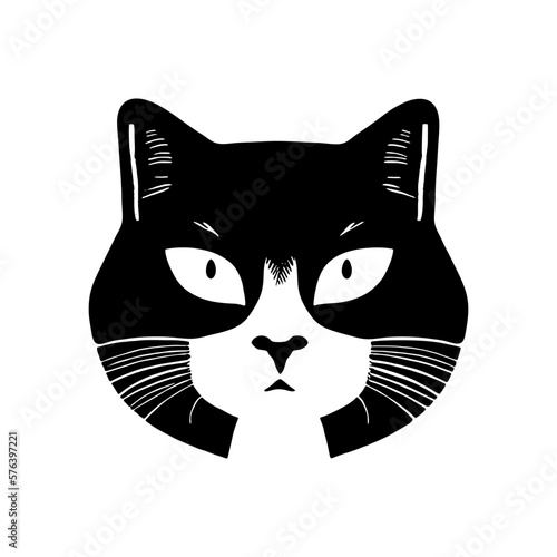 close up of cat face in linocut style, white and black. isolated on white background. Art design for print, cover, wall art. Vector illustration.