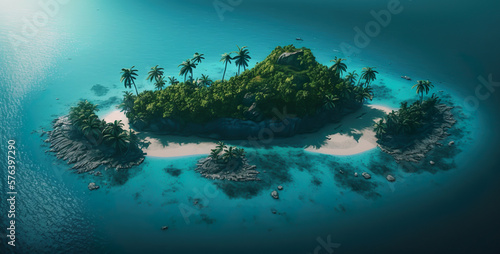 Aerial view.illustration of tropical island and blue smooth sea,ocean for Summer holiday or vacation concepts.long banner size key visual design.generative ai