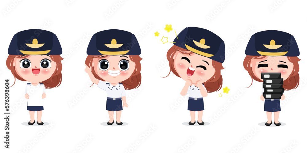 Thai female air force uniform cartoon gesture pose character collection pose set vector design. Thai female air force uniform cartoon gesture pose character collection pose set vector design.