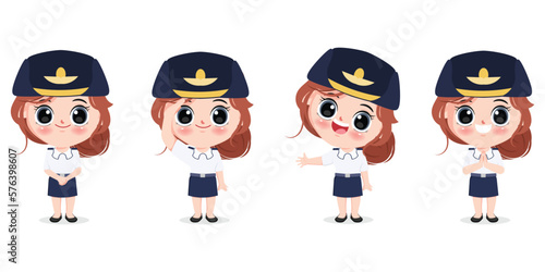 Thai female air force uniform cartoon gesture pose character collection pose set vector design.