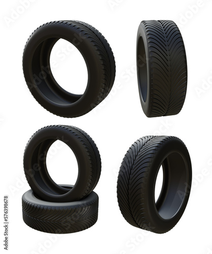 3d rendering of rubber car tires without rims perspective view