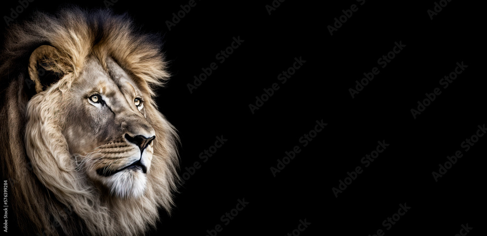 Fototapeta premium Lion of Judah: Unleashing the Power and Grace of the Mighty Male Lion - A Striking Portrait on Black Background.