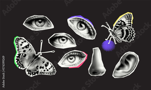 Retro halftone collage elements for mixed media design. Eyes, butterflies, nose and ear in halftone texture, dotted pop art style. Vector illustration of vintage grunge punk crazy art templates.