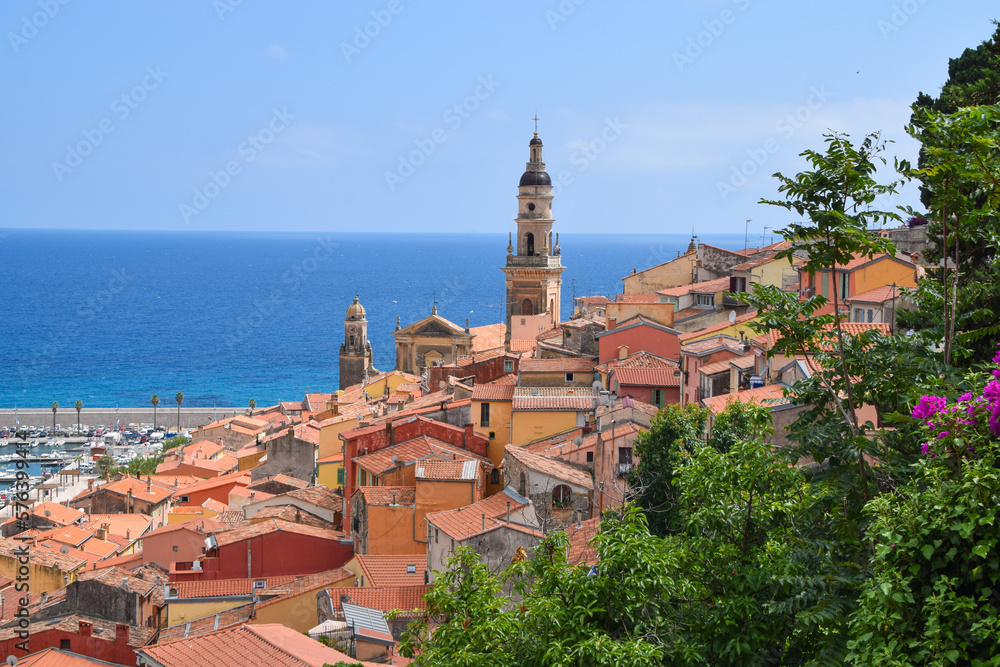 Aerial panoramic view of Menton Old Town and coast, South of France.