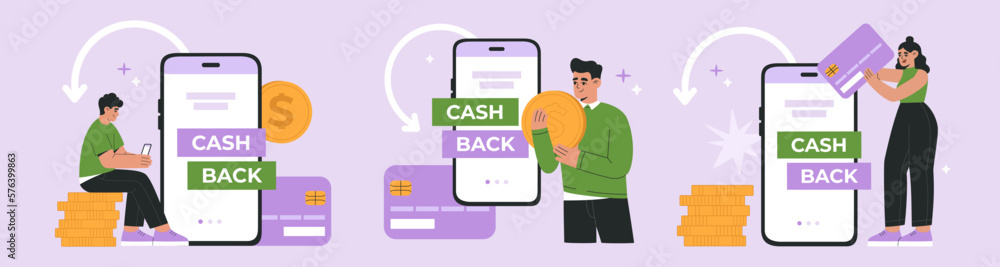 Set of young peoples receives cashback from online payment. Concept of Internet transaction, refund and saving money. Hand drawn vector illustration isolated on purple background, flat cartoon style