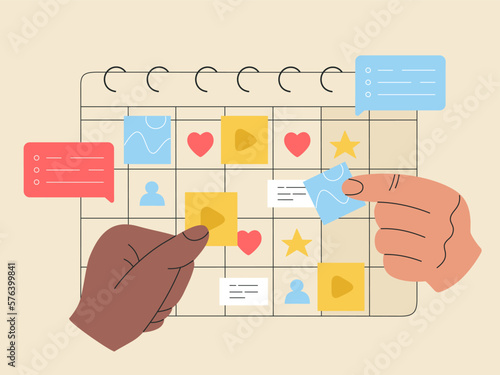 Content plan concept, internet marketing. Planning and promotion publication in networks and websites. Hand drawn vector illustration isolated on light background, modern flat cartoon style